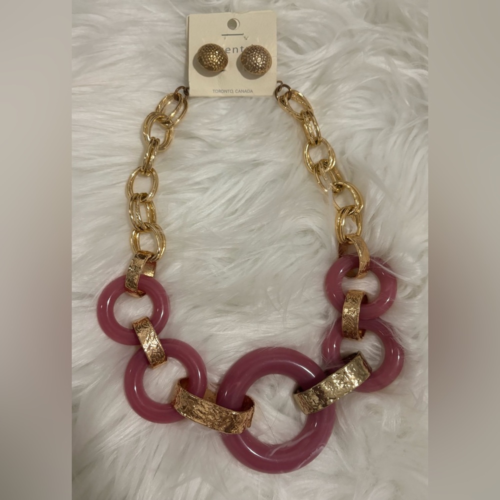 New Gold and Pink Statement Necklace and Earring Set